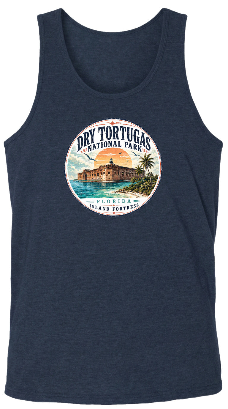 A graphic design on a dark tank top featuring a circular emblem with a building and palm trees, surrounded by text that reads "Dry Tortugas National Park, Florida, Island Fortresses".