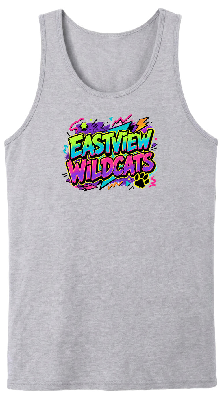 A gray tank top with a colorful graphic design featuring the text "EASTVIEW WILDCATS" in a vibrant, retro-style font.