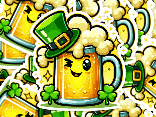 Beer Winking St Patricks Vinyl Sticker | Dishwasher Safe & Durable | Custom Sizes | Fast Shipping | Made in USA Fiesta Doodle waterproof vinyl sticker. dishwasher safe outdoor sticker.
