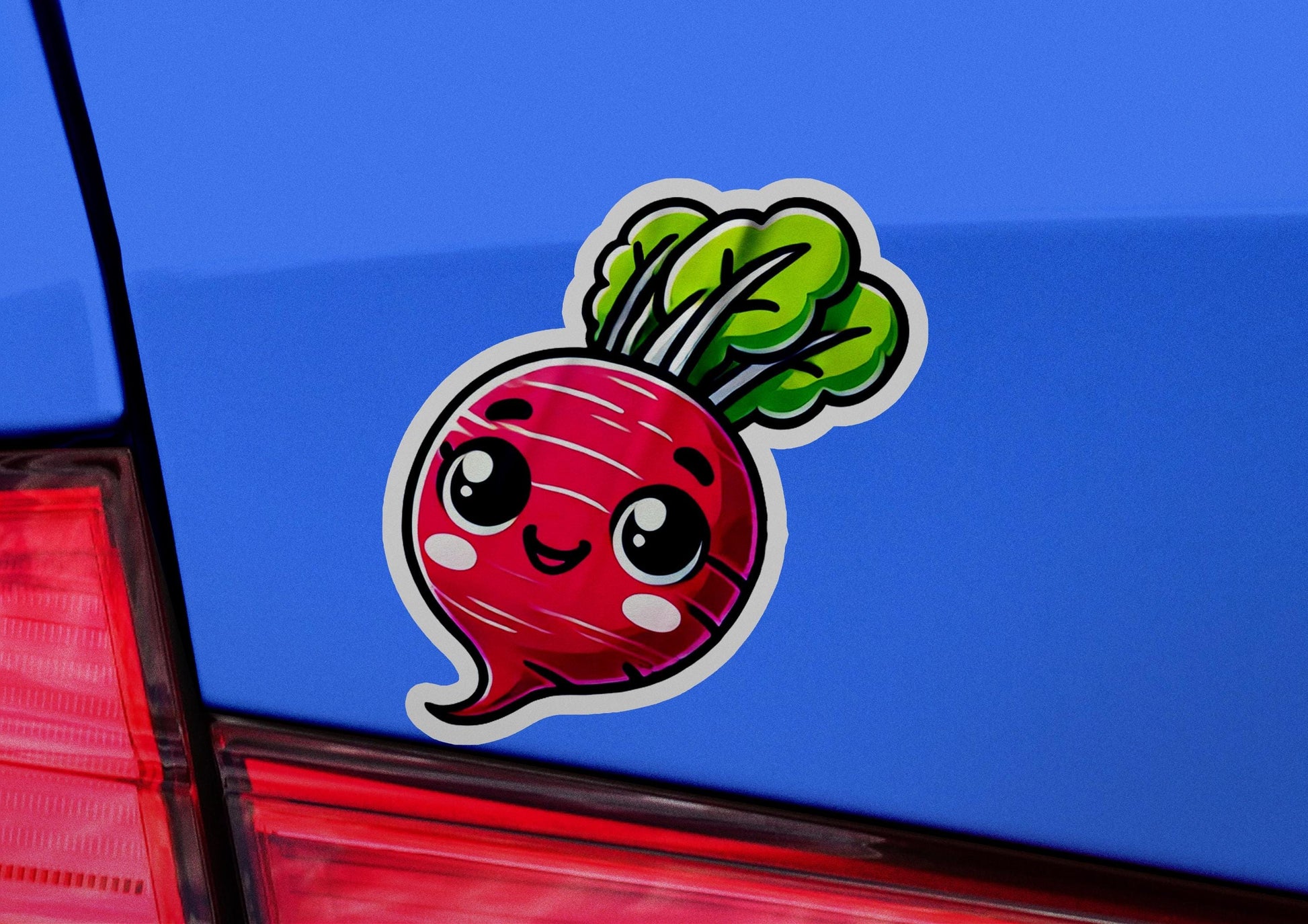 a sticker of a radish on the back of a car