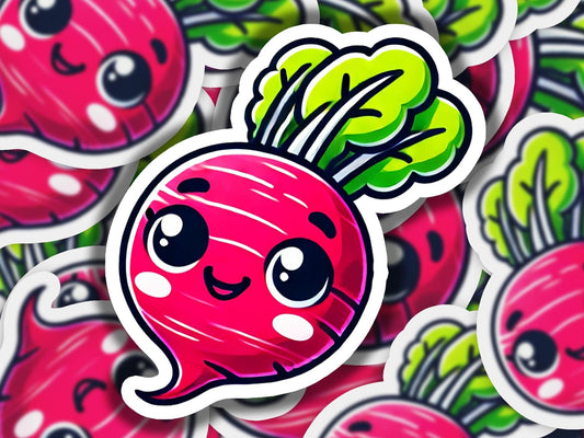 a sticker of a radish surrounded by other stickers