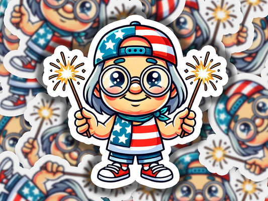 a sticker of a cartoon character holding a sparkler