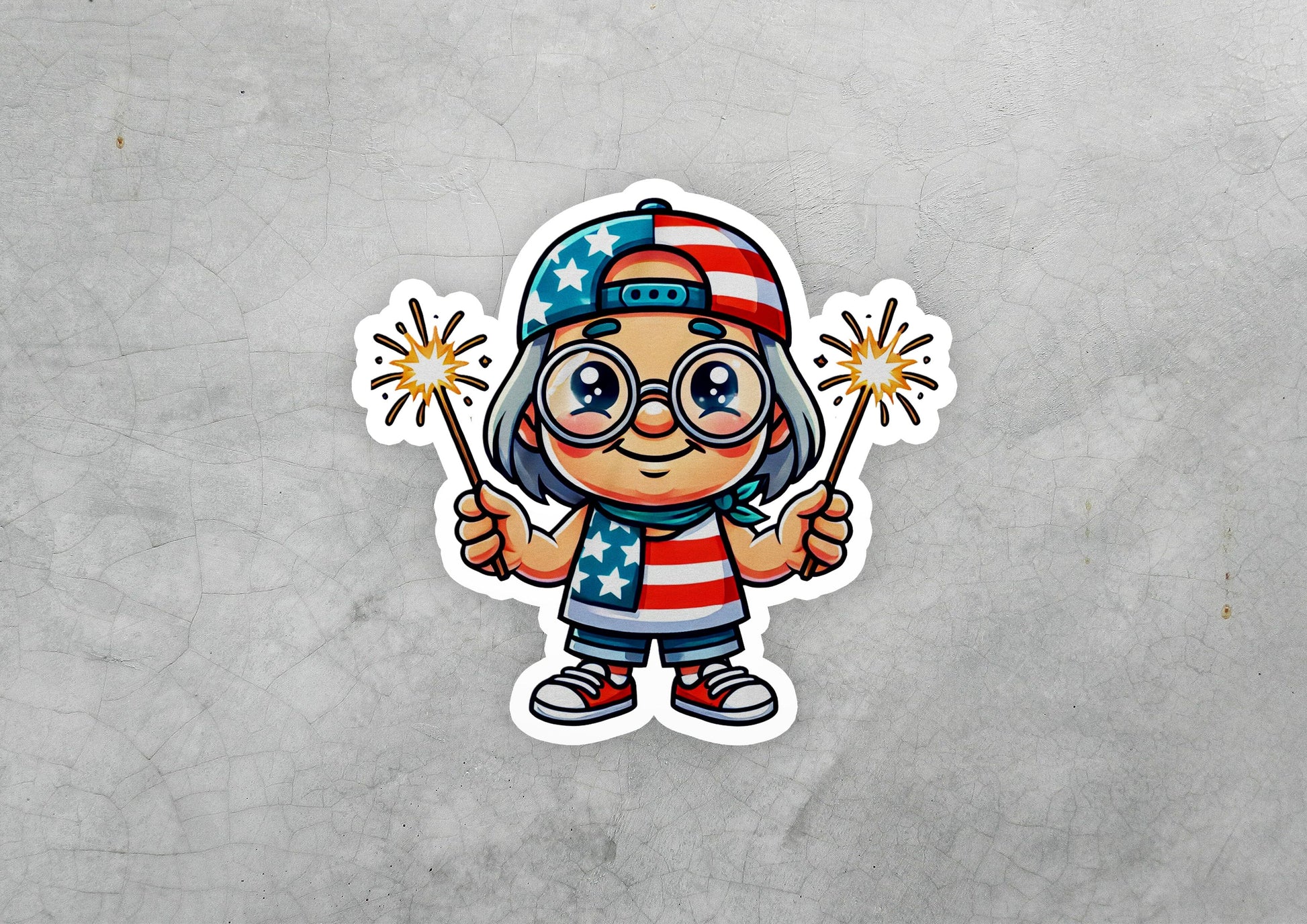 a sticker of a cartoon character holding a sparkler