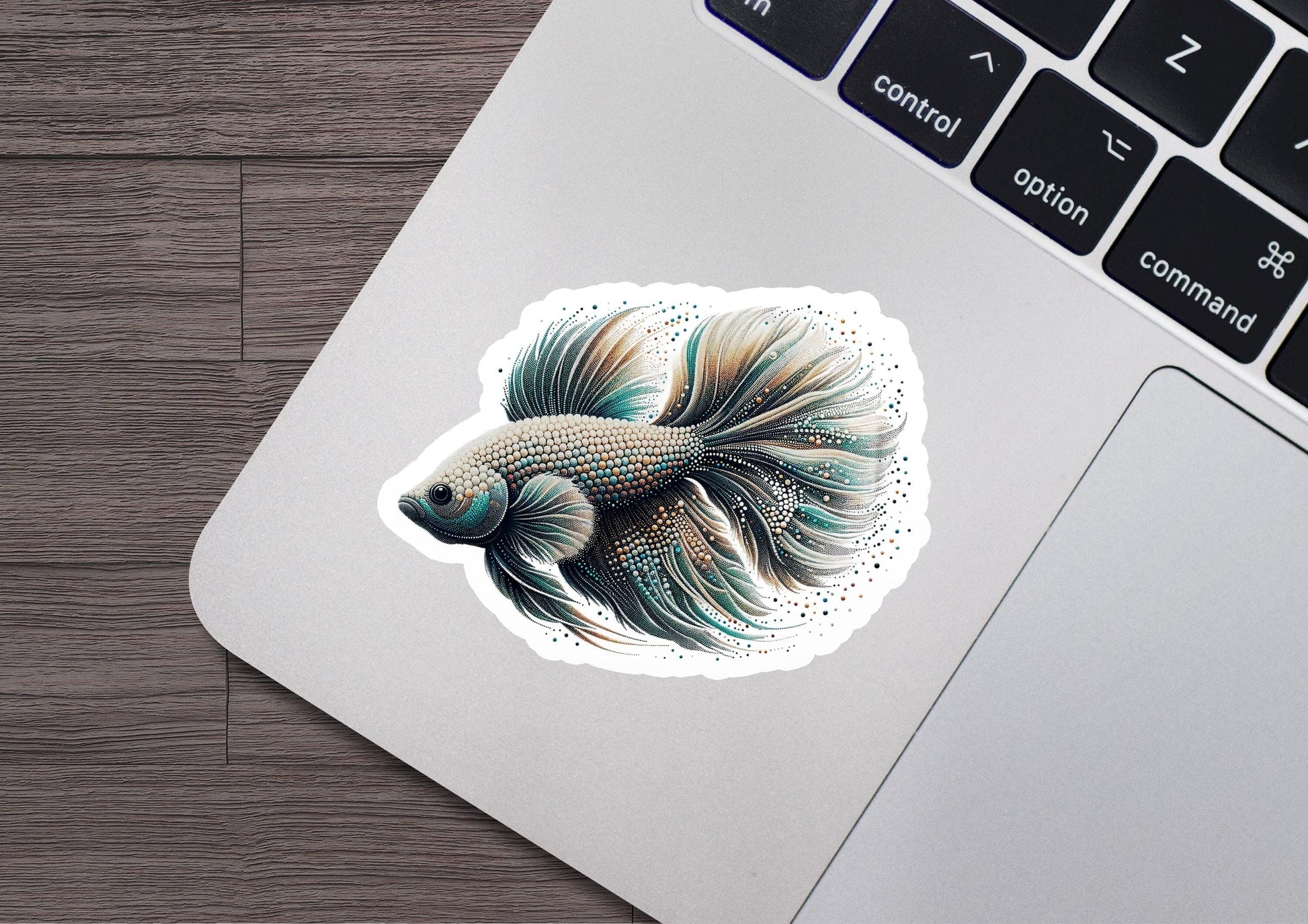 a sticker of a fish on a laptop