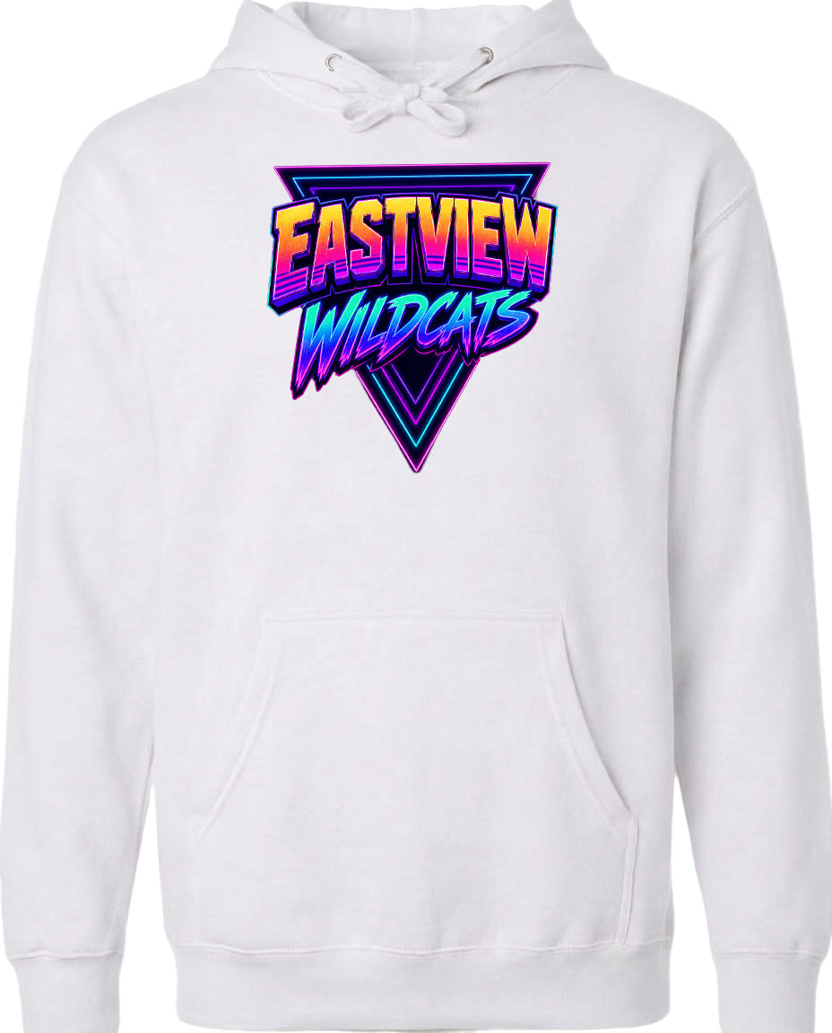 A white hoodie with a graphic design featuring the text "EASTVIEW WILDCATS" in a colorful, retro-style font.