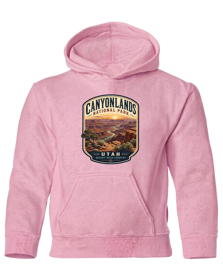 A pink hoodie with a graphic design depicting the Canyonlands National Park in Utah.