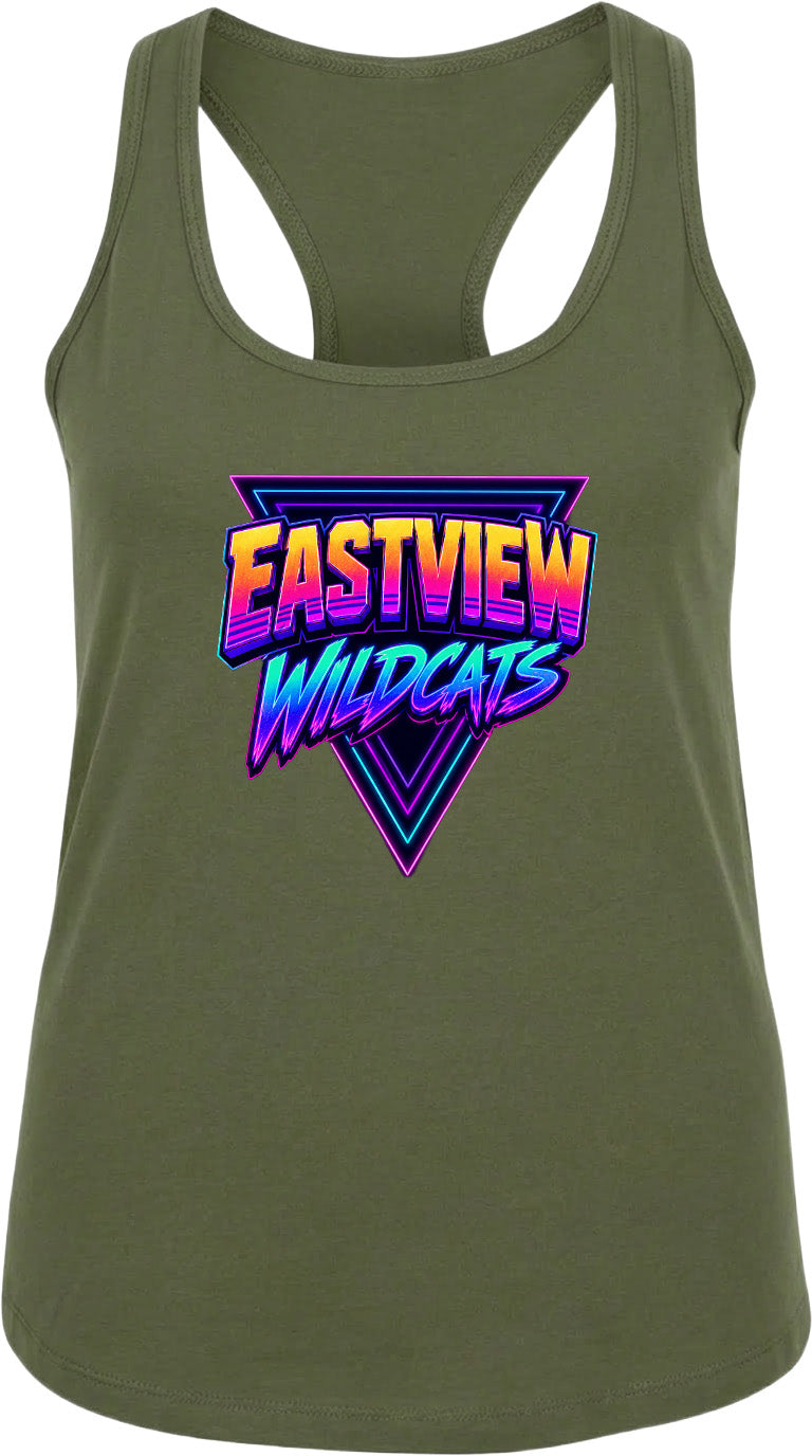 A green tank top with a graphic design featuring the text "EASTVIEW WILDCATS" in a colorful, retro-style font.