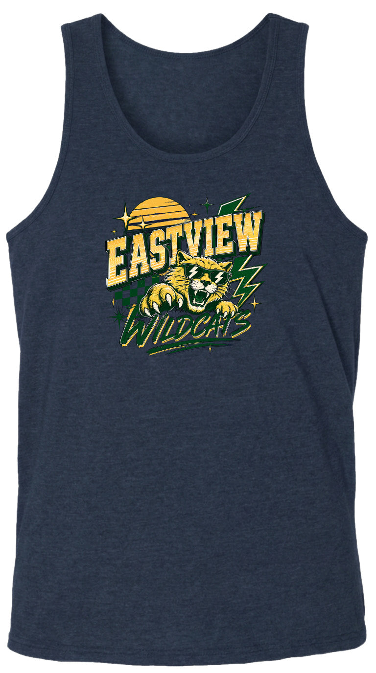 A navy blue tank top with a graphic design featuring a yellow sun and a yellow and green striped cat.
