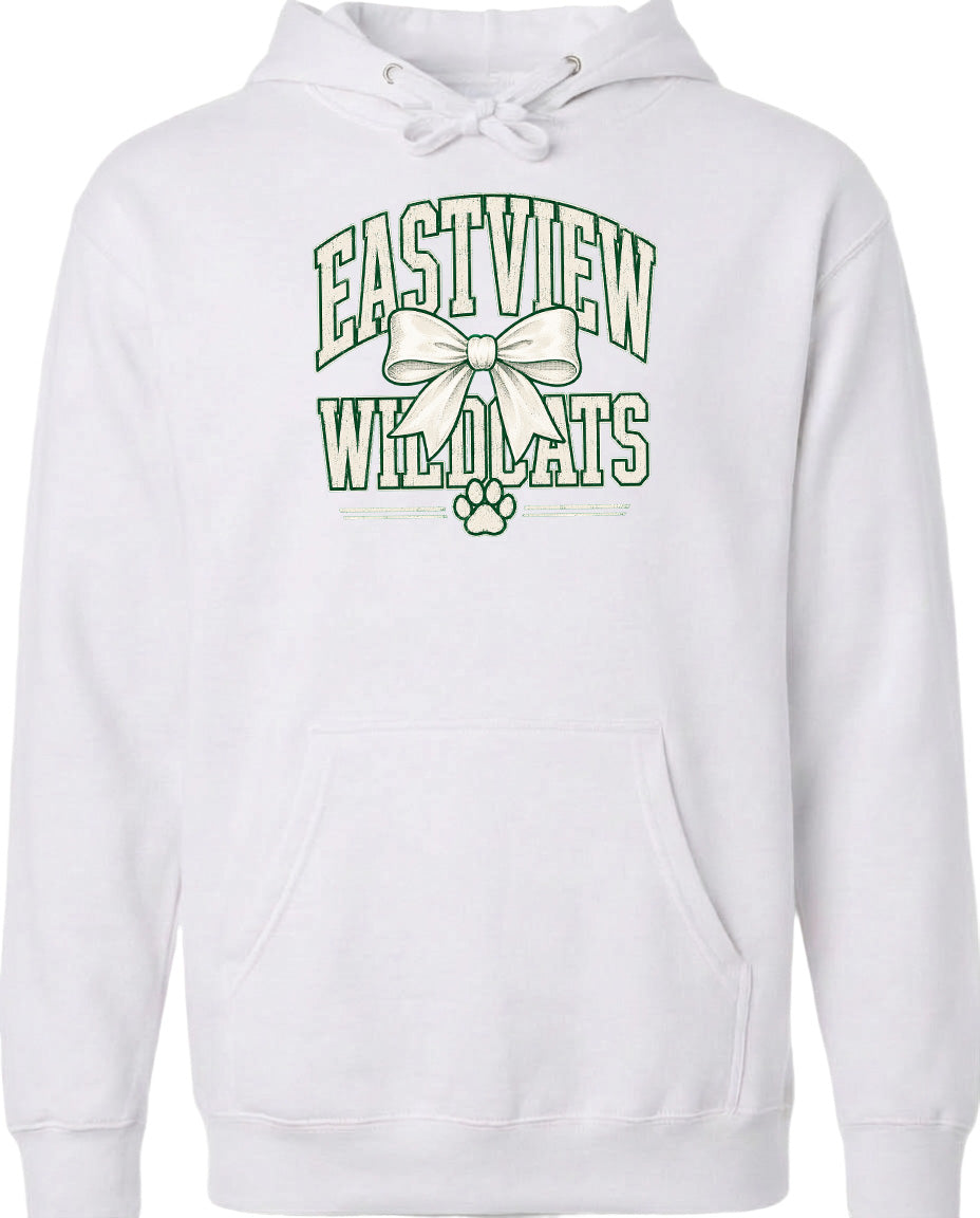 A white hoodie with a graphic design featuring the text "EASTVIEW WILDCATS" and a bow.