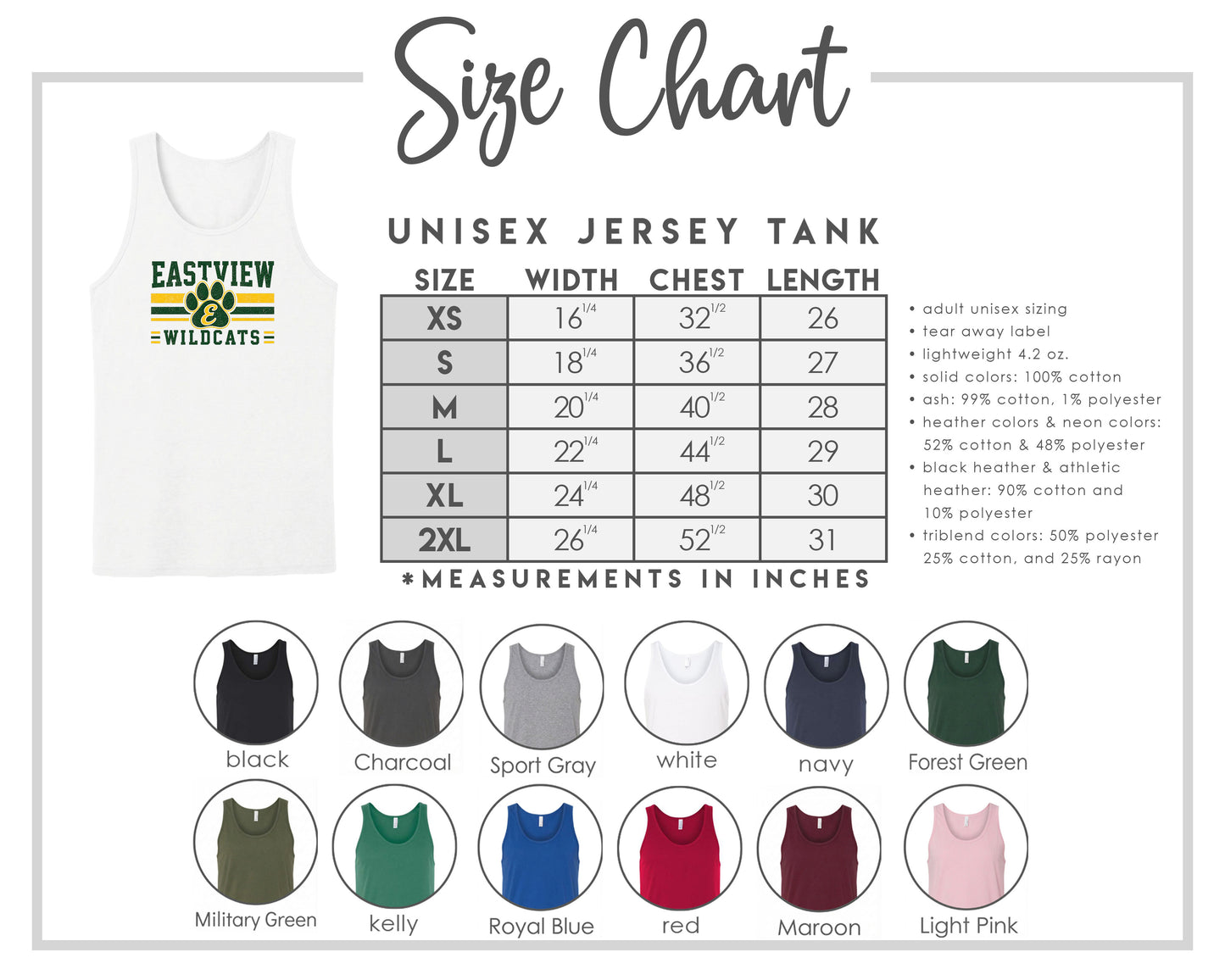 The image is a size chart for a unisex jersey tank, providing measurements and corresponding tank sizes for different chest lengths.