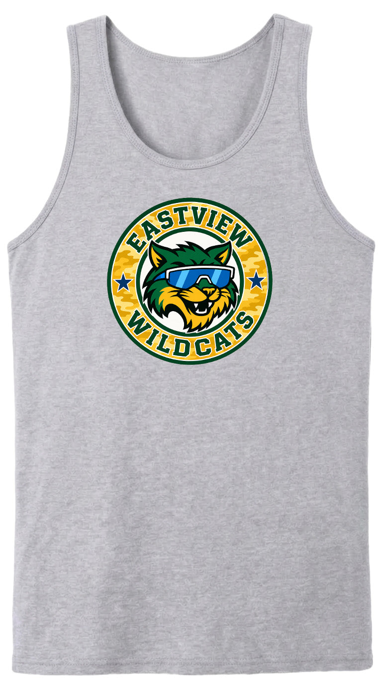 A gray tank top with a circular logo featuring a cartoon cat wearing sunglasses and the text "EASTVIEW WILDCATS".