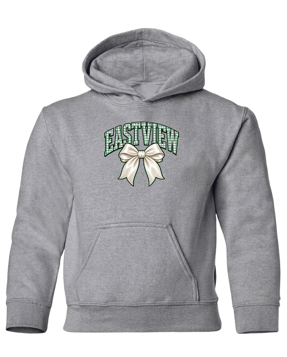 A gray hooded sweatshirt with a graphic design on the front.