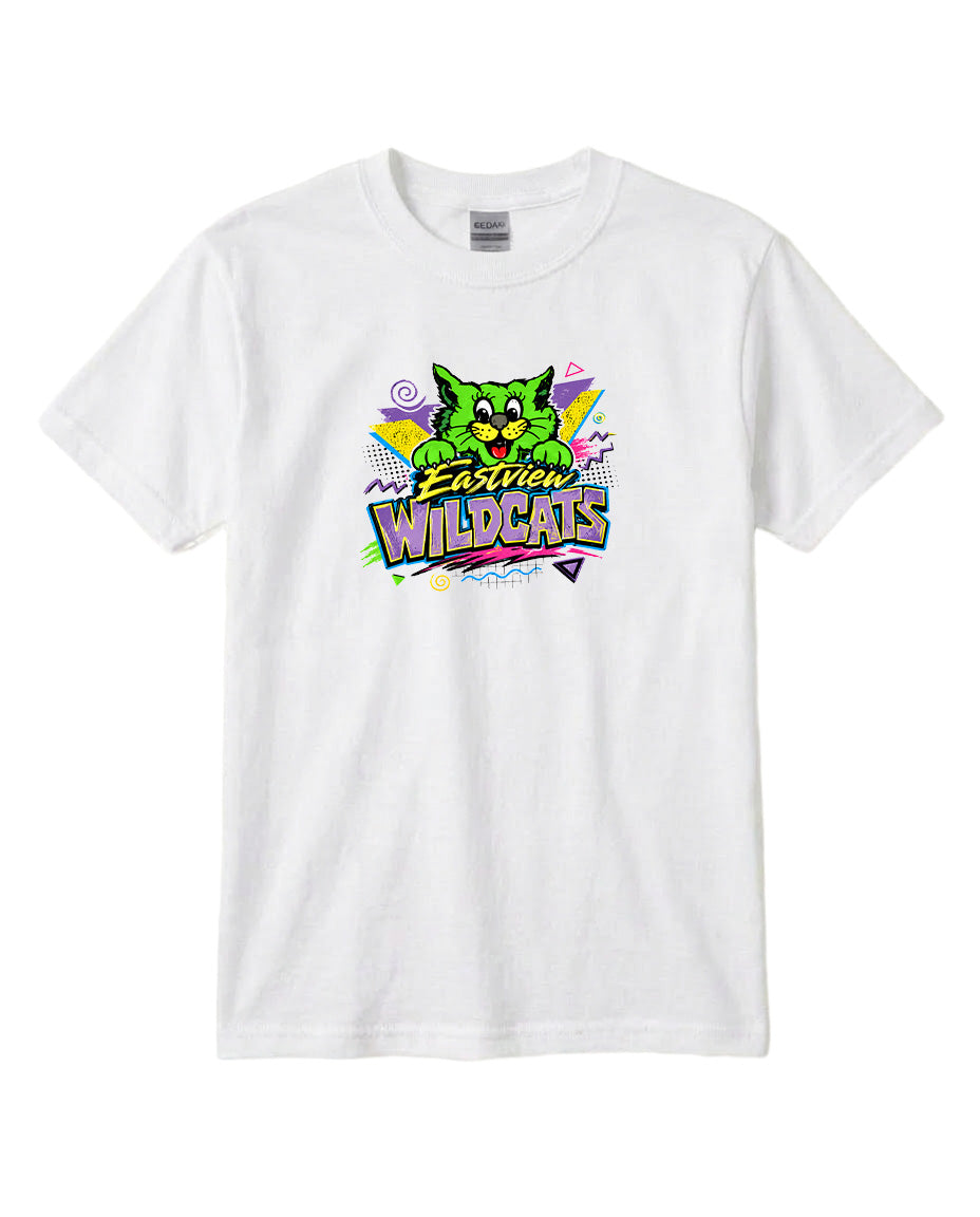 A white t-shirt with a colorful graphic design featuring a cartoon-like cat and the text "Easton Wildcats".