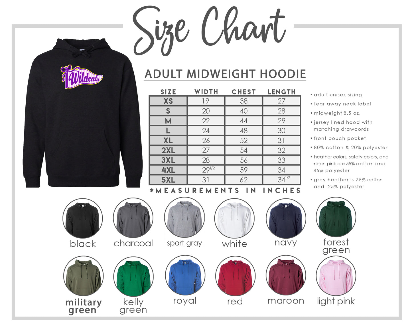 The image is a size chart for an adult midweight hoodie, including various color options and corresponding measurements in inches.