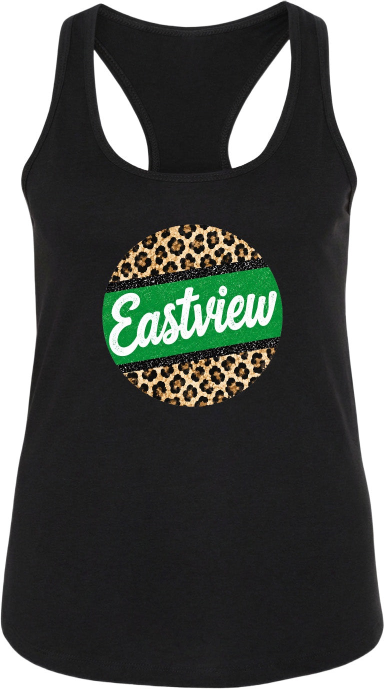 A black tank top with a leopard print design and the word "Eastview" printed on it.