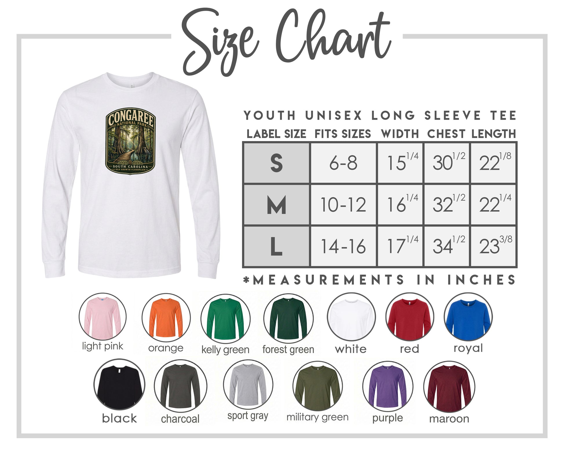 The image is a size chart for a youth unisex long sleeve tee, including various color options and corresponding measurements.