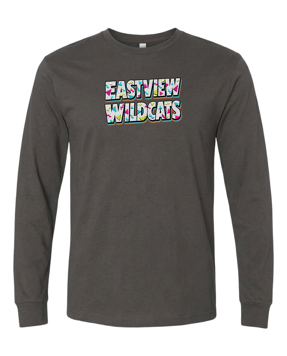 A gray long-sleeved t-shirt with the text "EASTVIEW WILDCATS" printed on it in a colorful, stylized font.