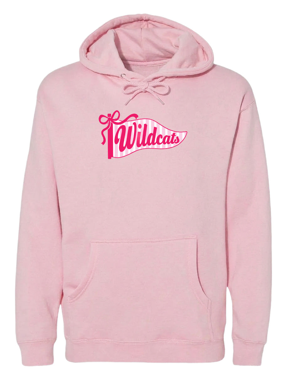 A pink hoodie with a graphic design featuring the word "Wildcats" in pink letters.