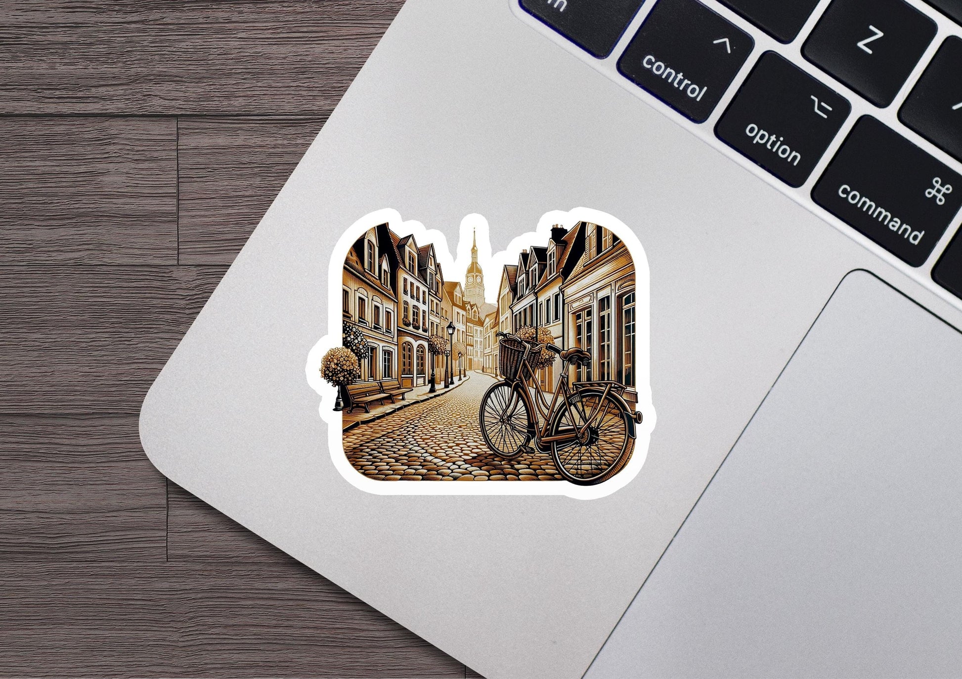a sticker of a bicycle parked on a street