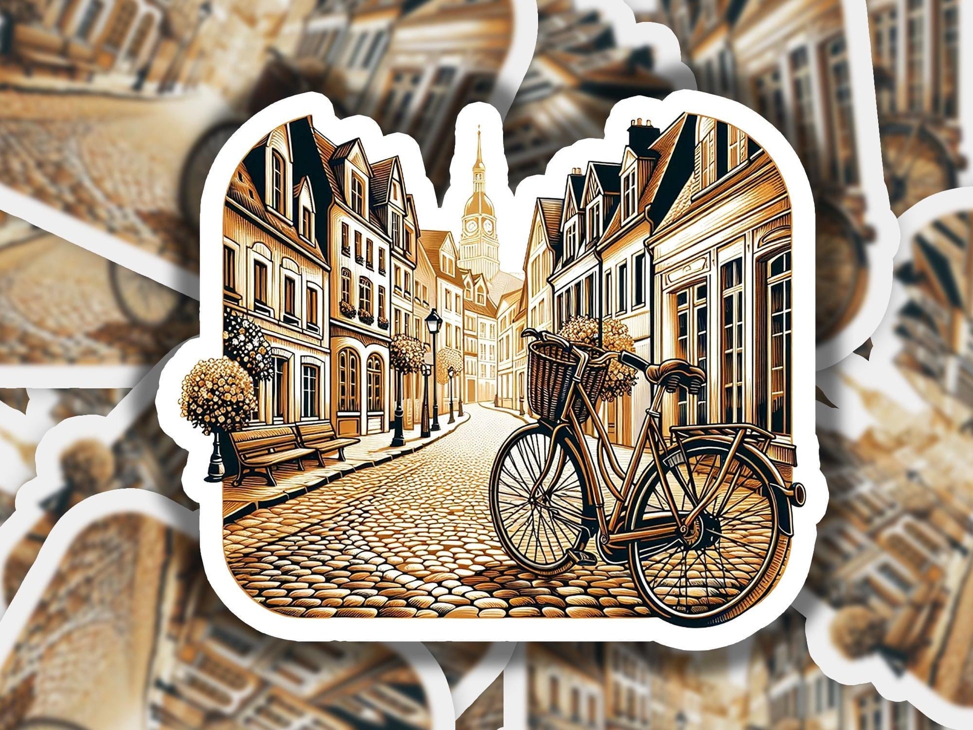 a sticker of a bicycle parked on a cobblestone street