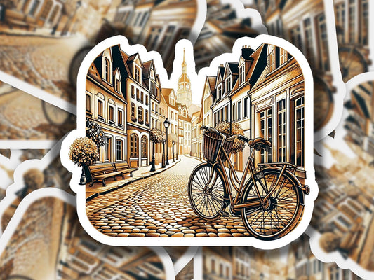 a sticker of a bicycle parked on a cobblestone street