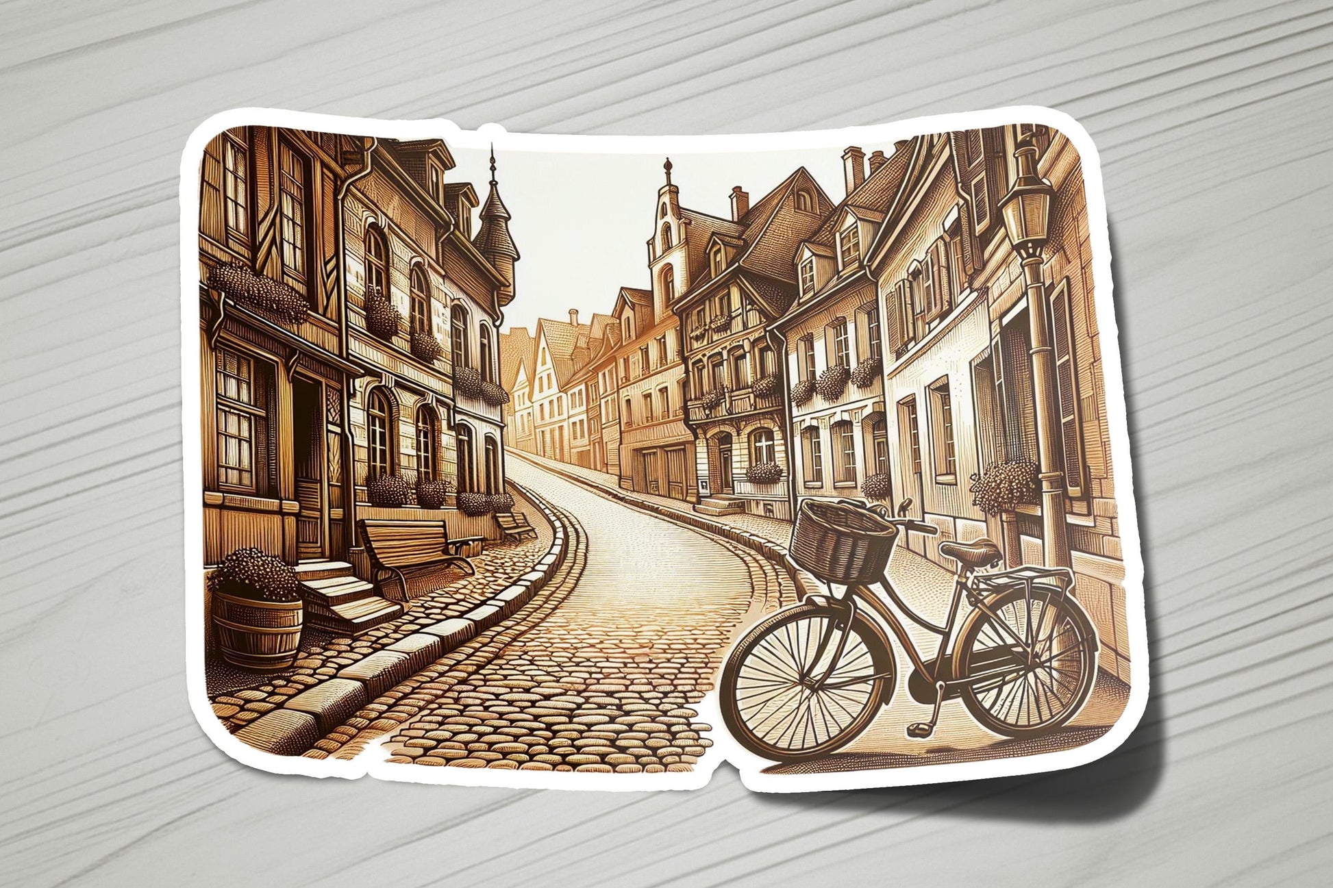 a drawing of a bicycle parked on a cobblestone street