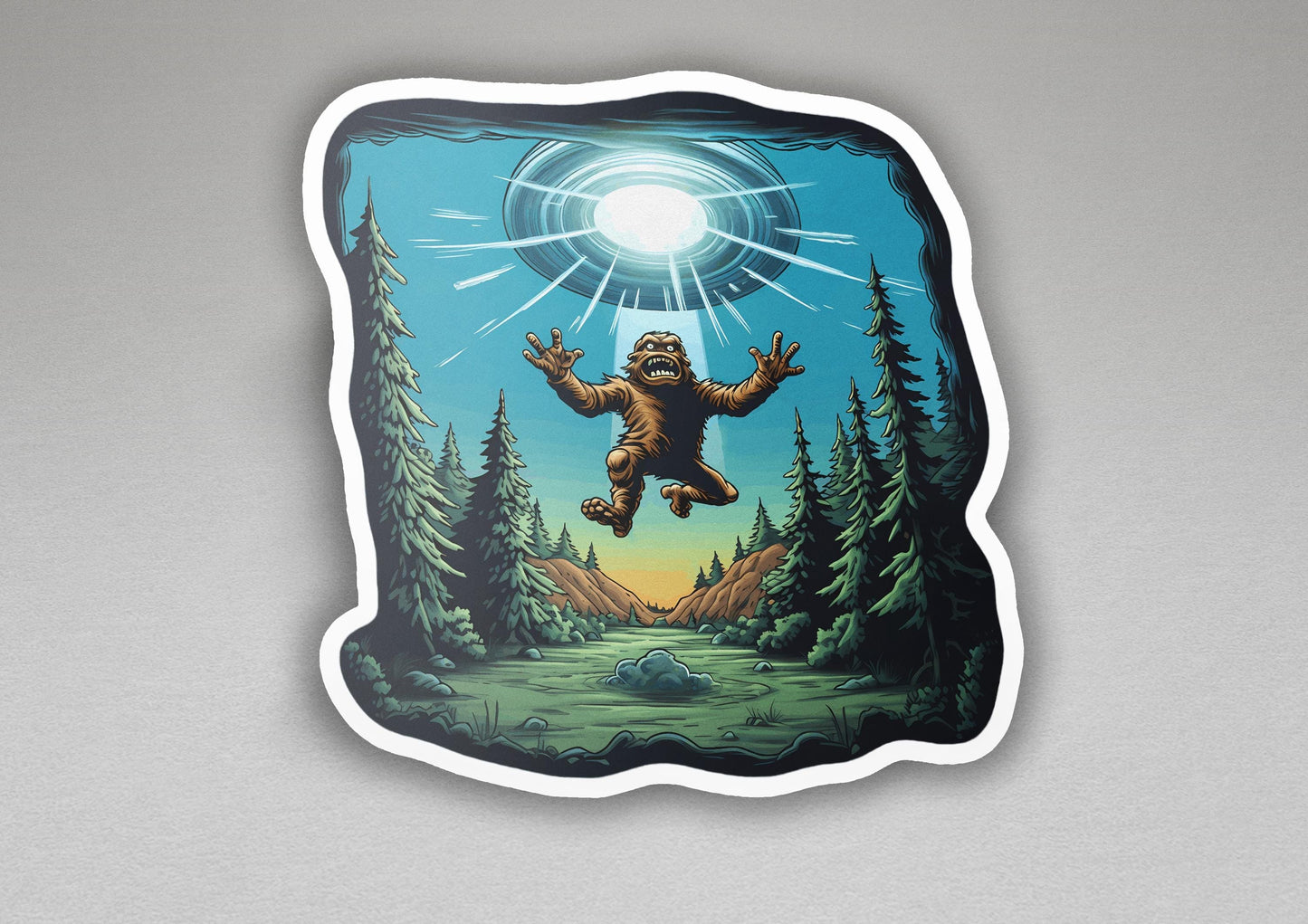 a sticker of a bigfoot jumping into the air