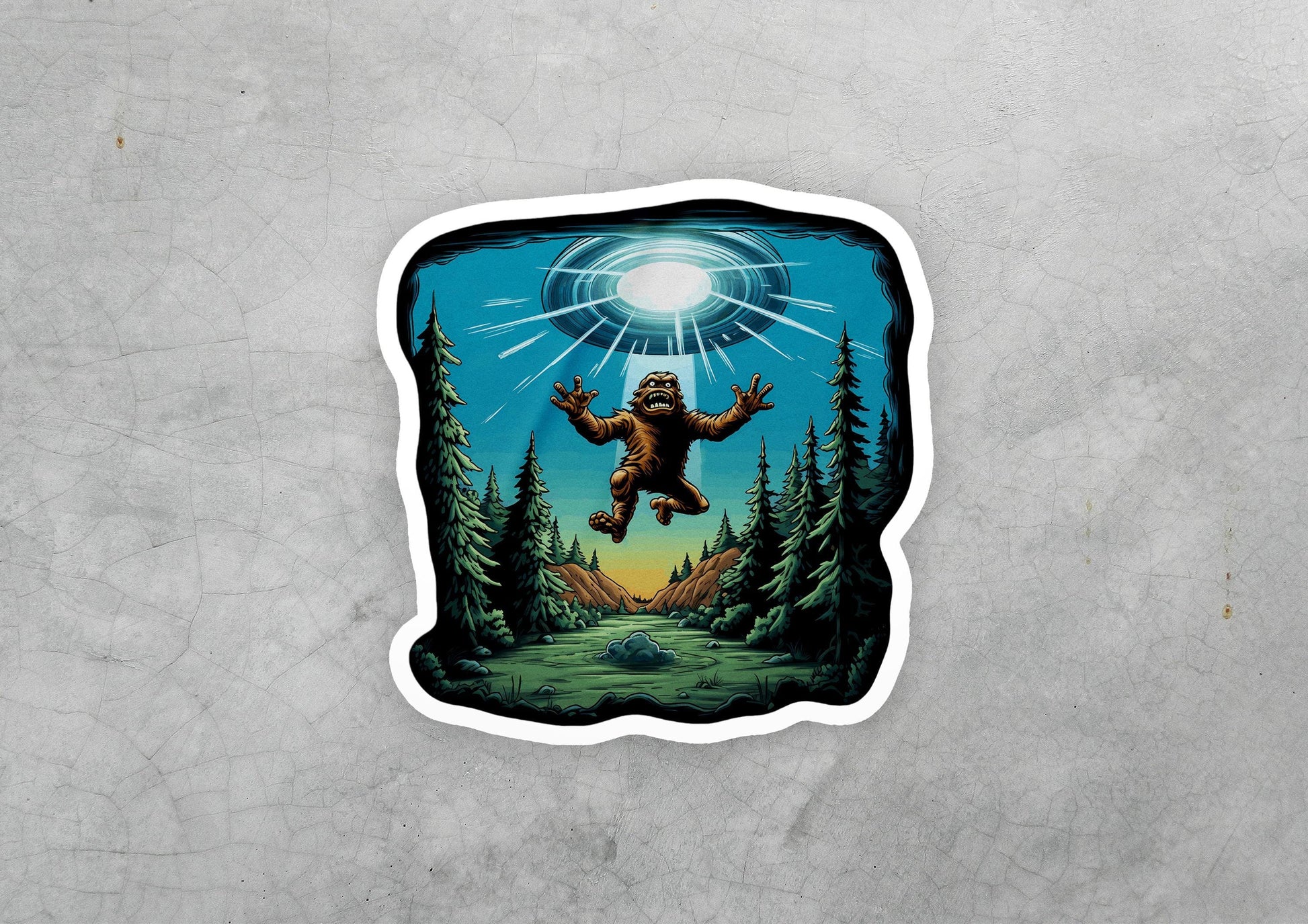 a sticker of a bigfoot flying over a forest