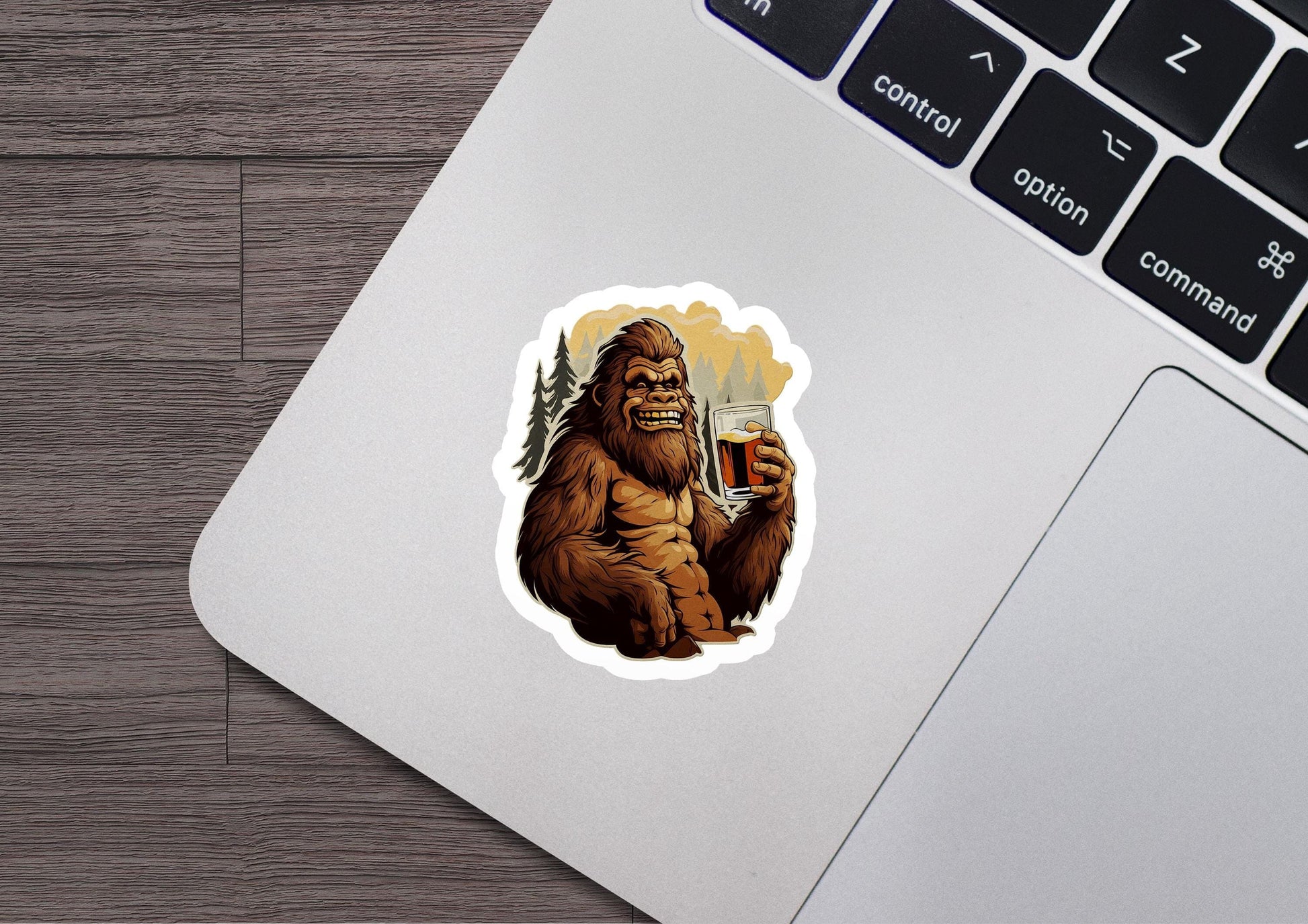 a sticker of a bigfoot holding a glass of beer
