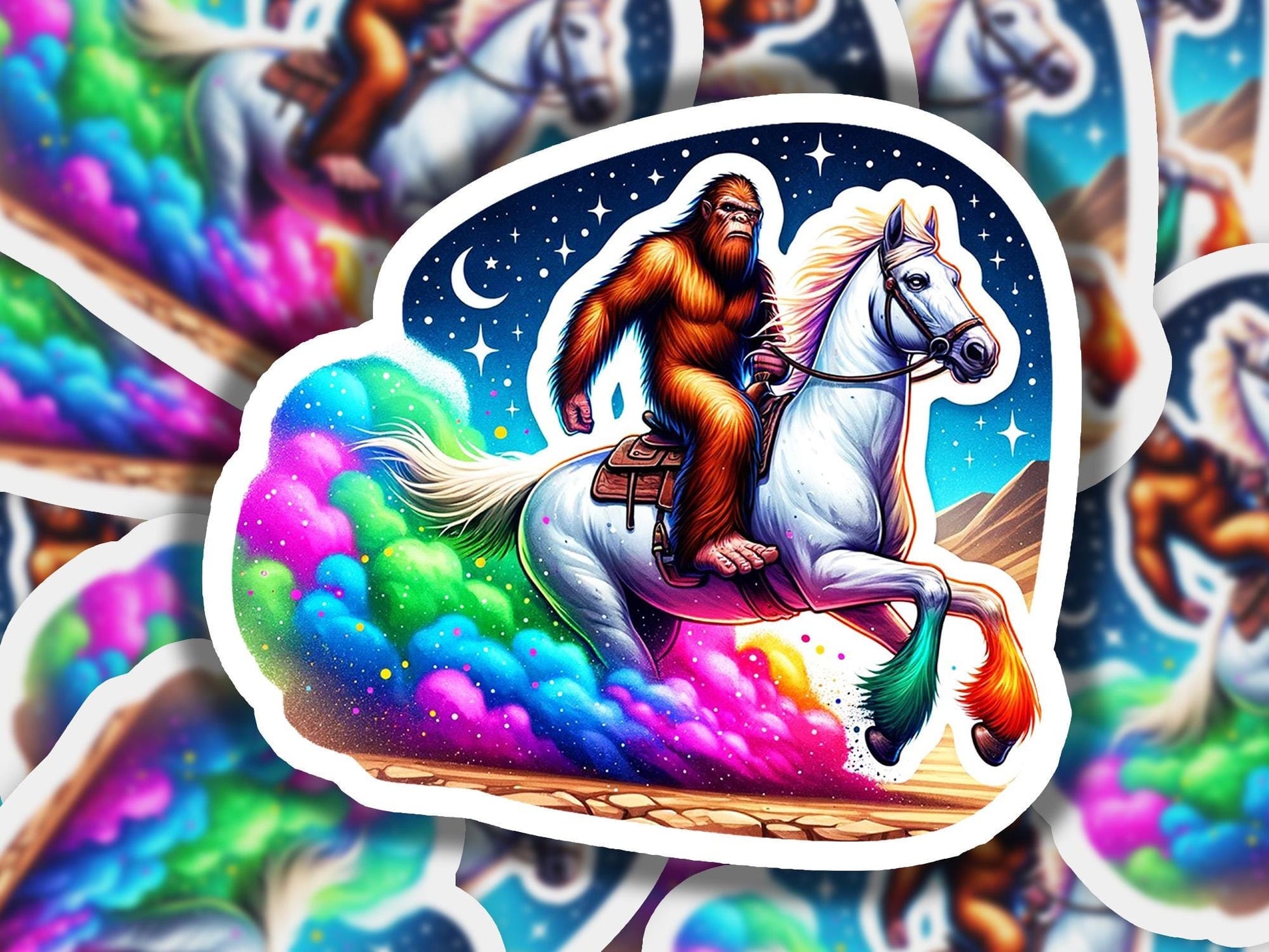 a sticker of a bigfoot riding a white horse