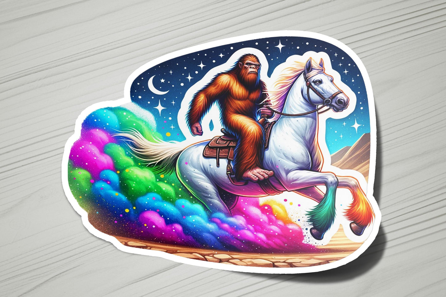 a sticker of a monkey riding a white horse