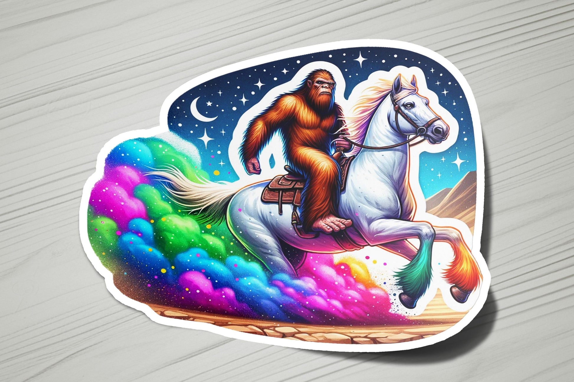 a sticker of a monkey riding a white horse