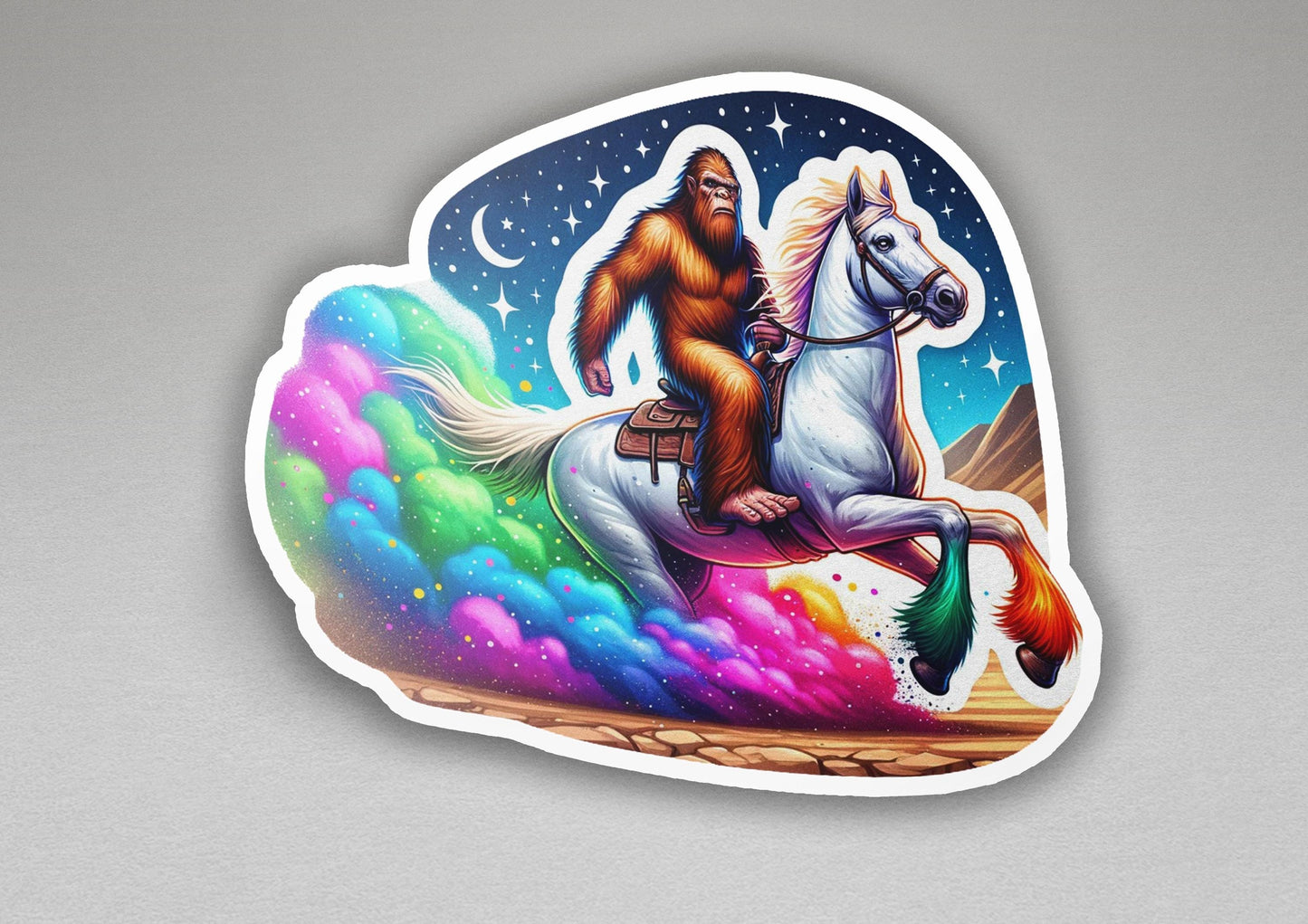 a sticker of a bigfoot riding a white horse