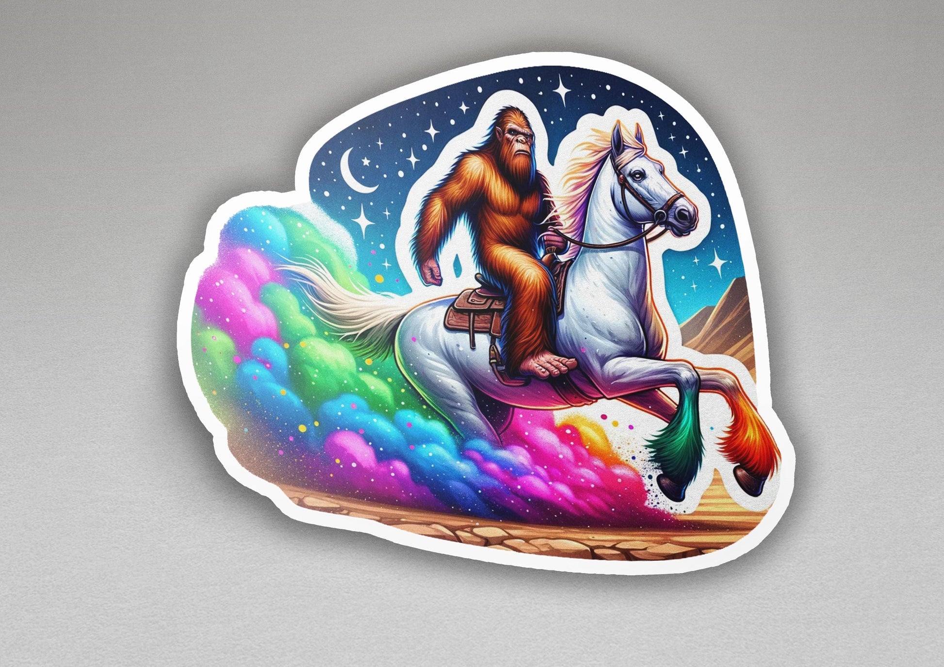 a sticker of a bigfoot riding a white horse