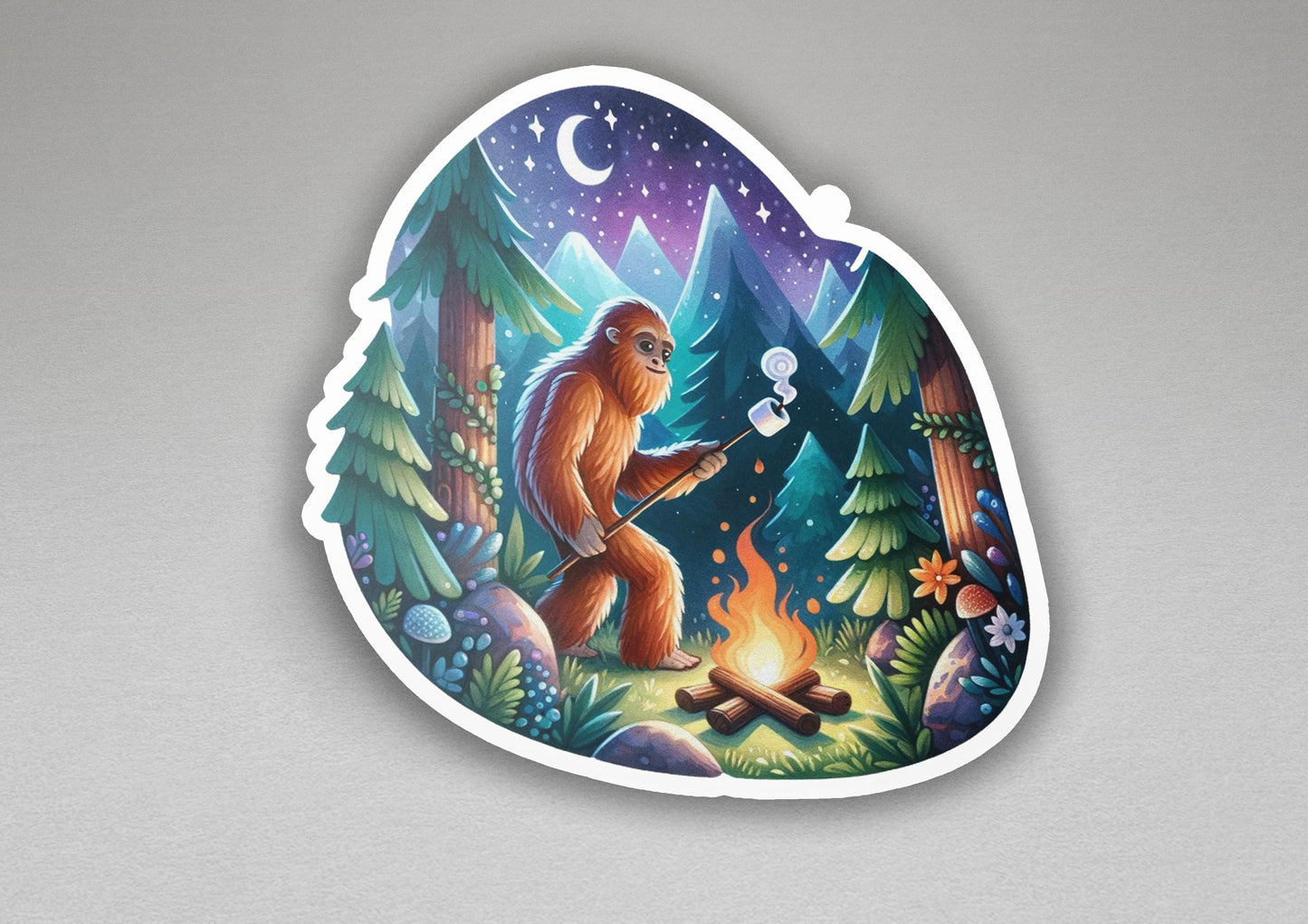 a sticker of a bigfoot camping in the woods