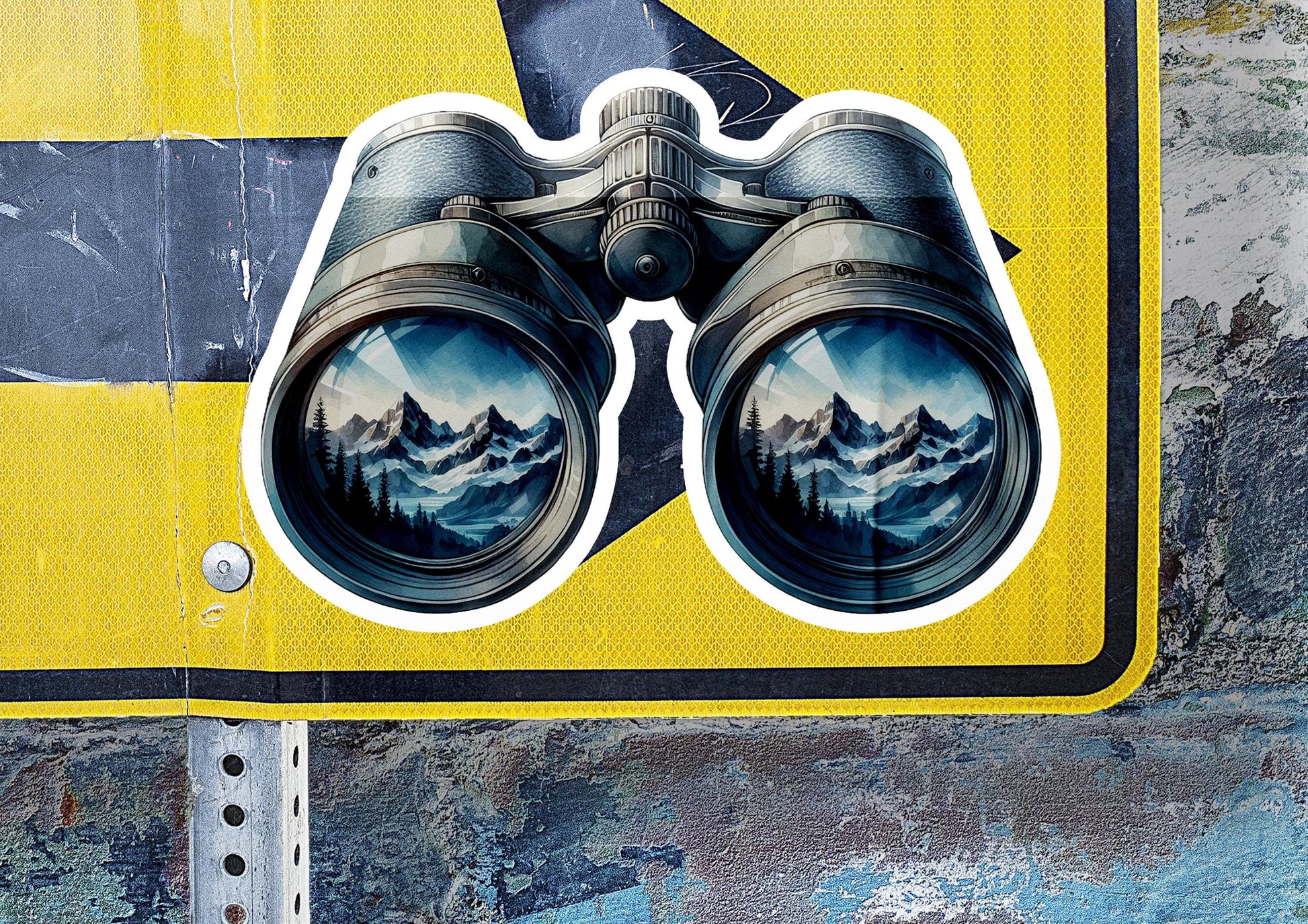 a close up of a street sign with a pair of binoculars
