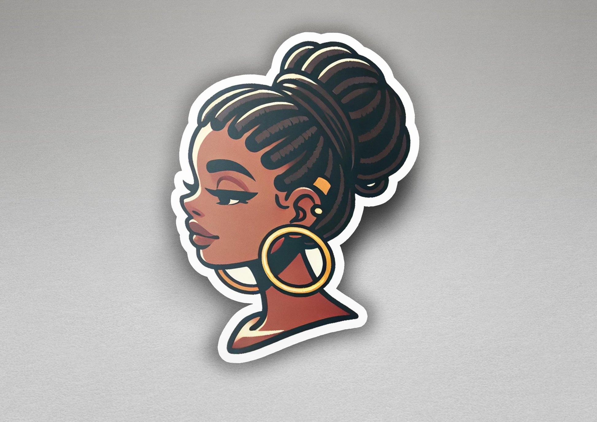a sticker of a woman's face with a ponytail