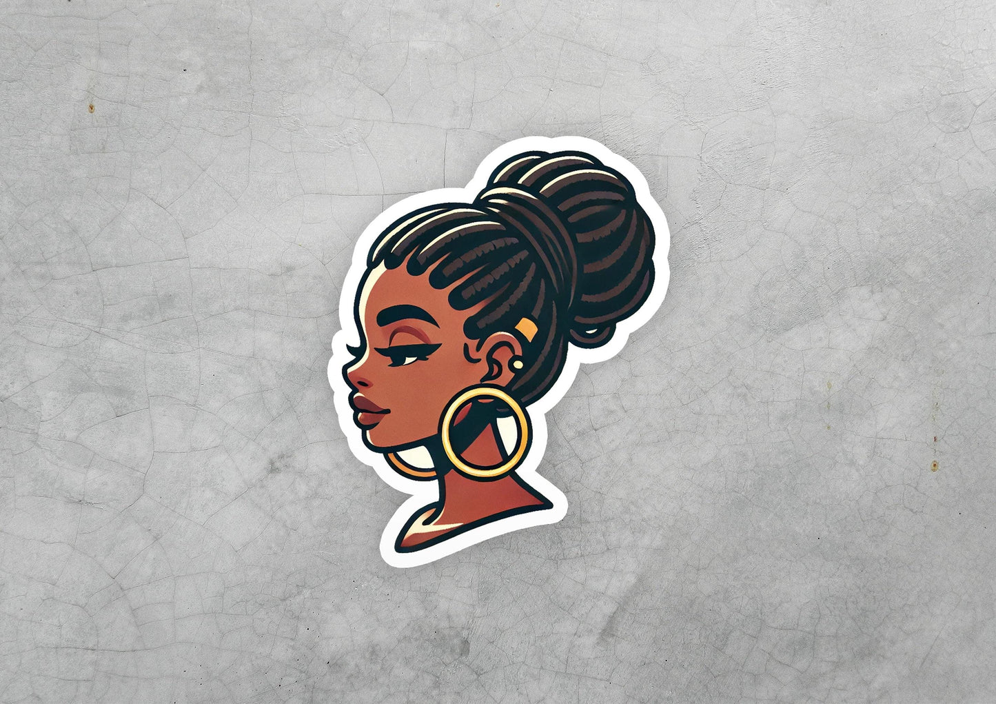a sticker of a woman's face with large hoop earrings