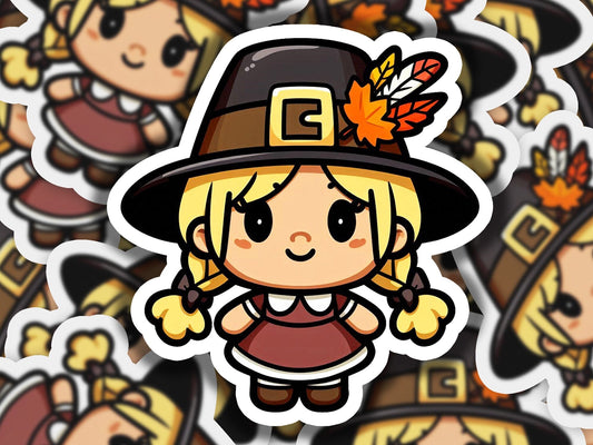 a sticker of a little girl dressed as a pilgrim