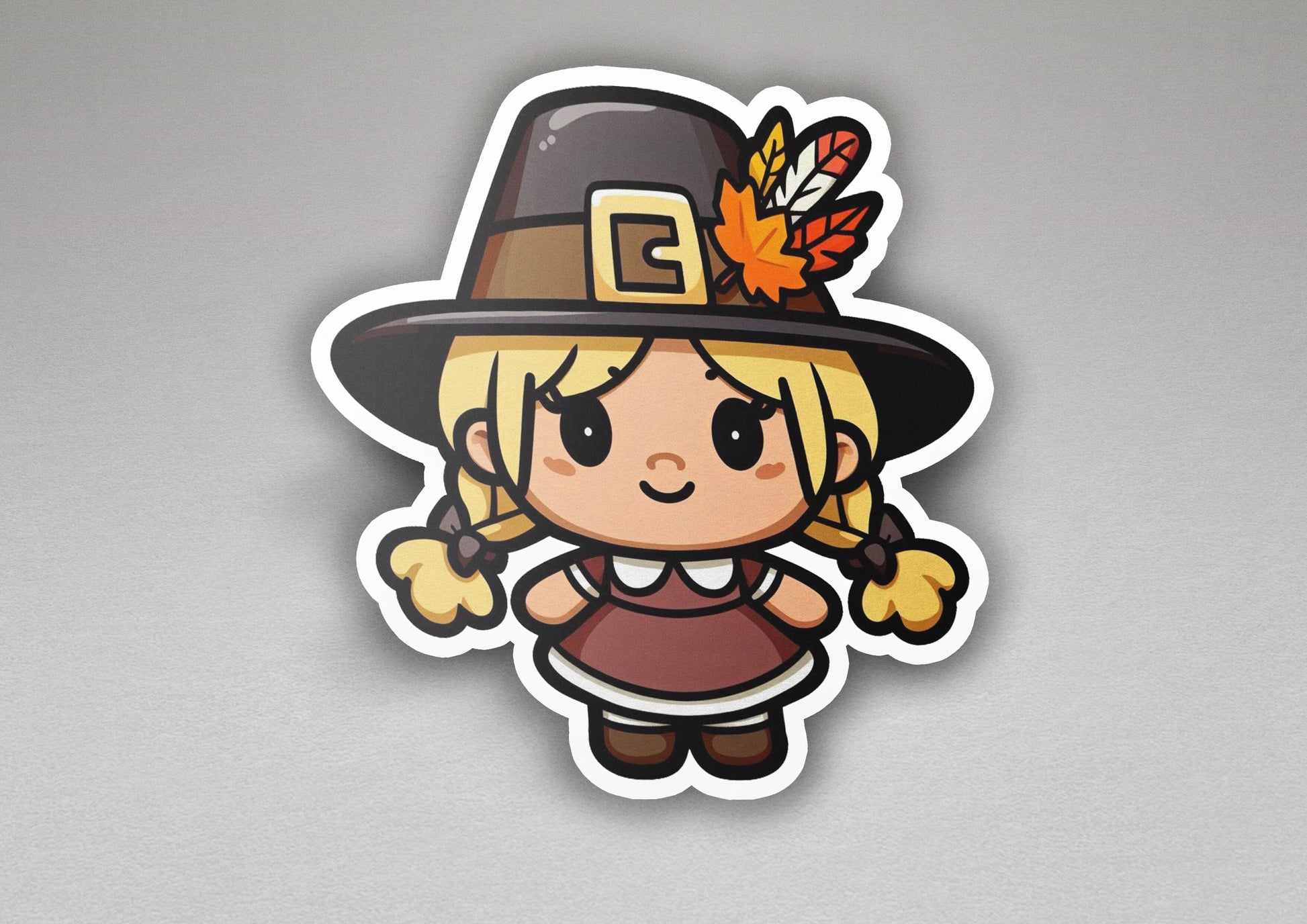 a sticker of a little girl wearing a pilgrim hat