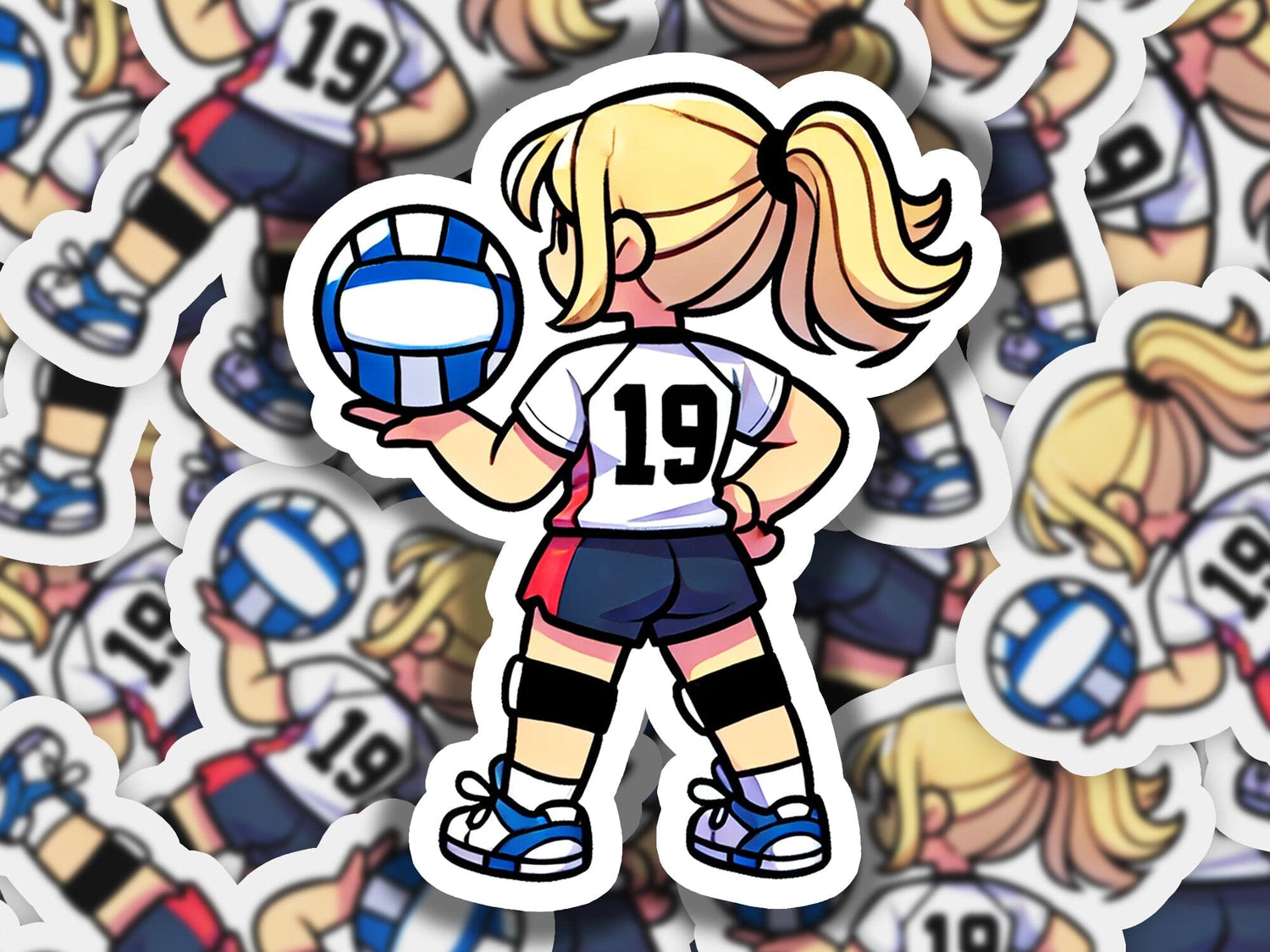 a sticker of a girl holding a volleyball ball