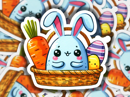 a close up of a sticker of a bunny in a basket