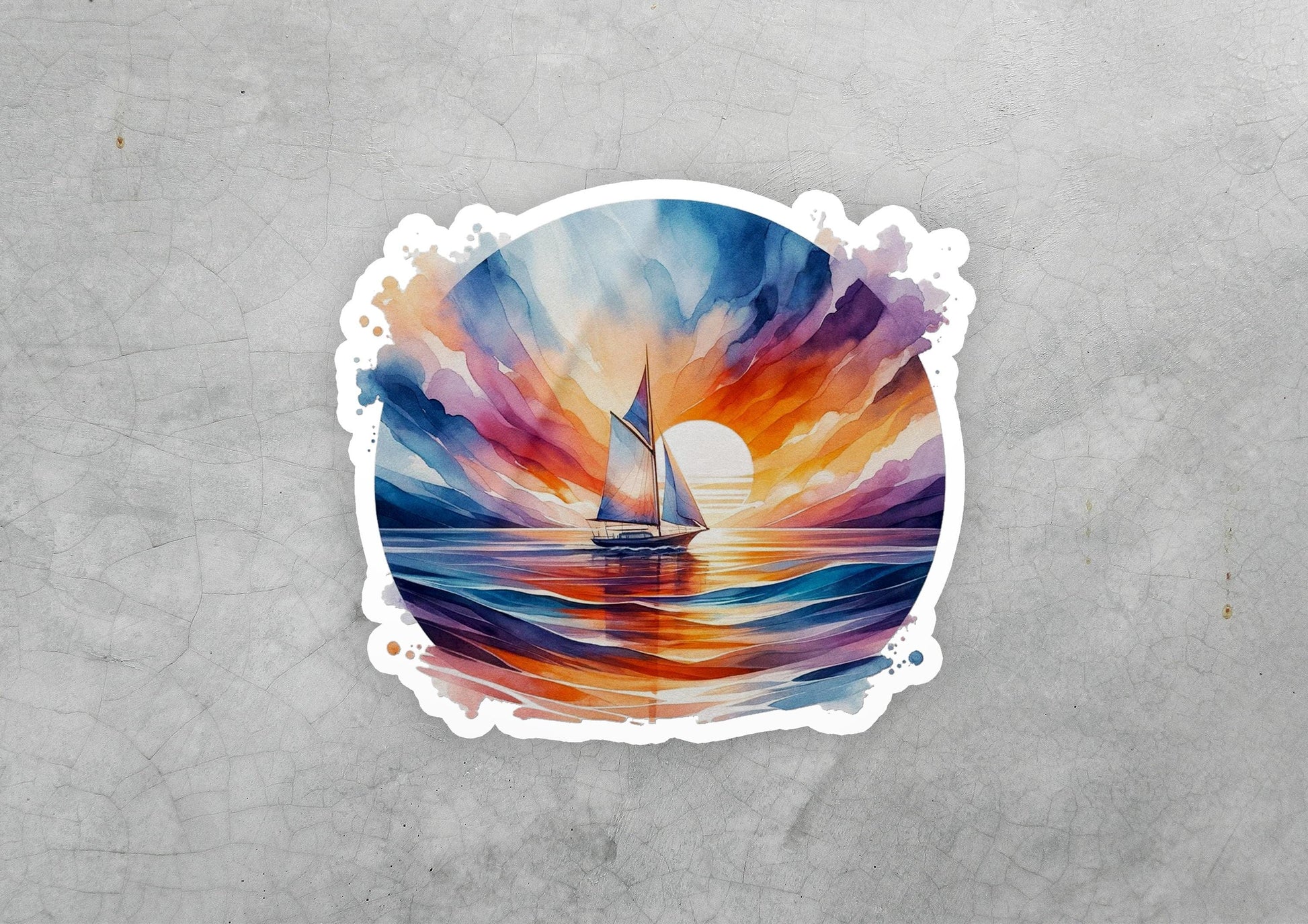 a painting of a sailboat in the ocean at sunset