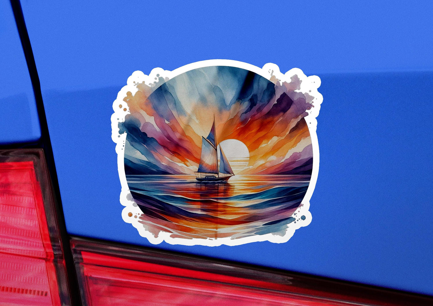 a car with a sticker of a sailboat in the ocean