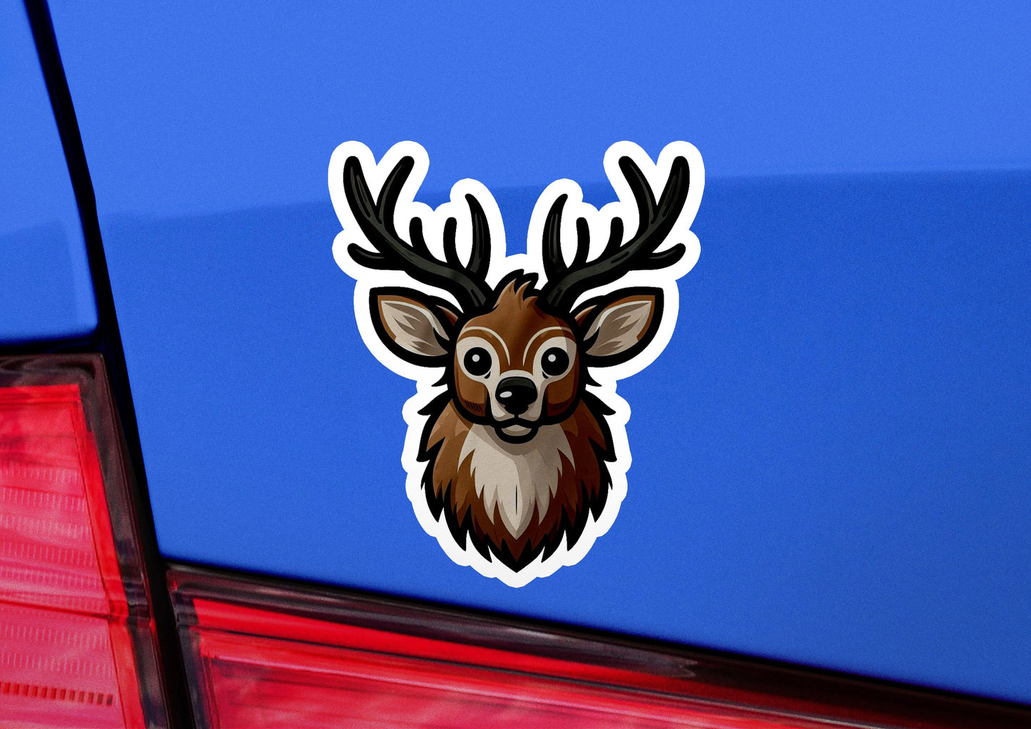 a sticker of a deer's head on a blue car