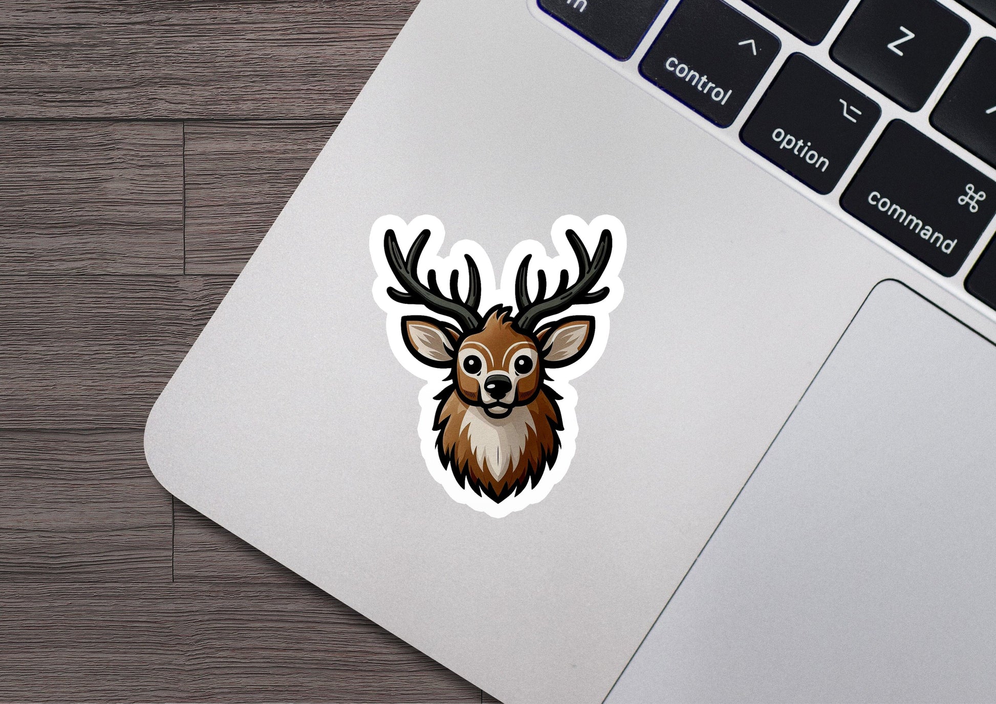 a sticker of a deer's head on a laptop