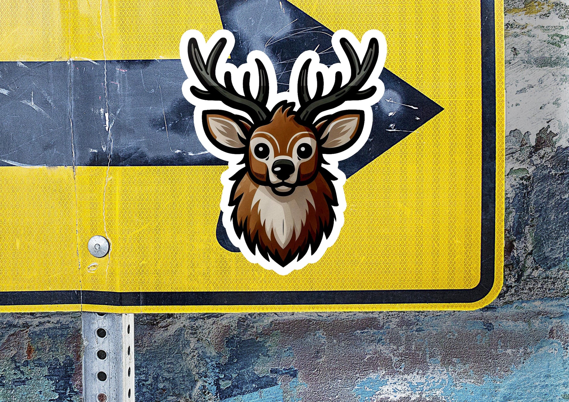 a close up of a street sign with a deer head