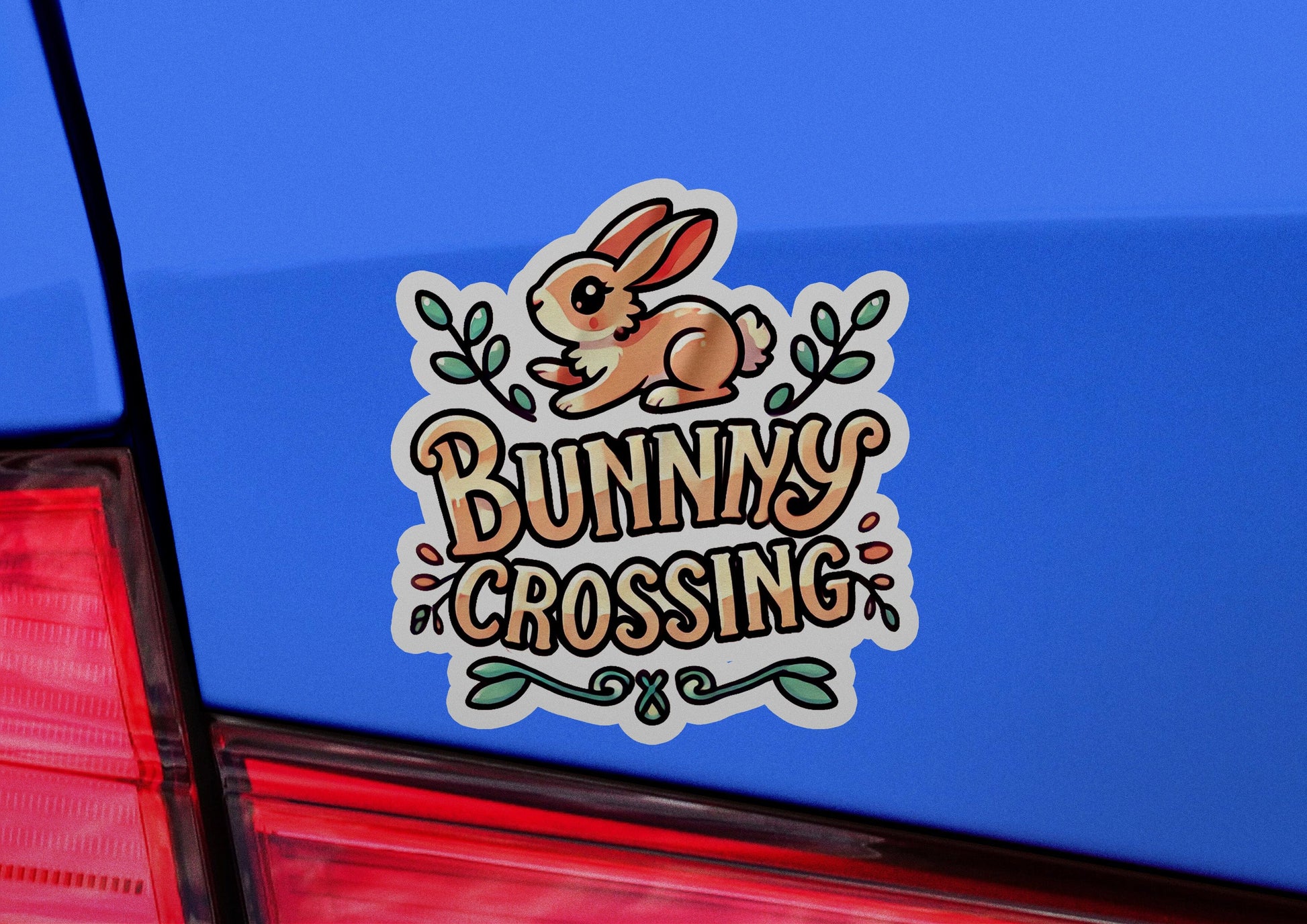 a sticker that says bunny crossing on the back of a car