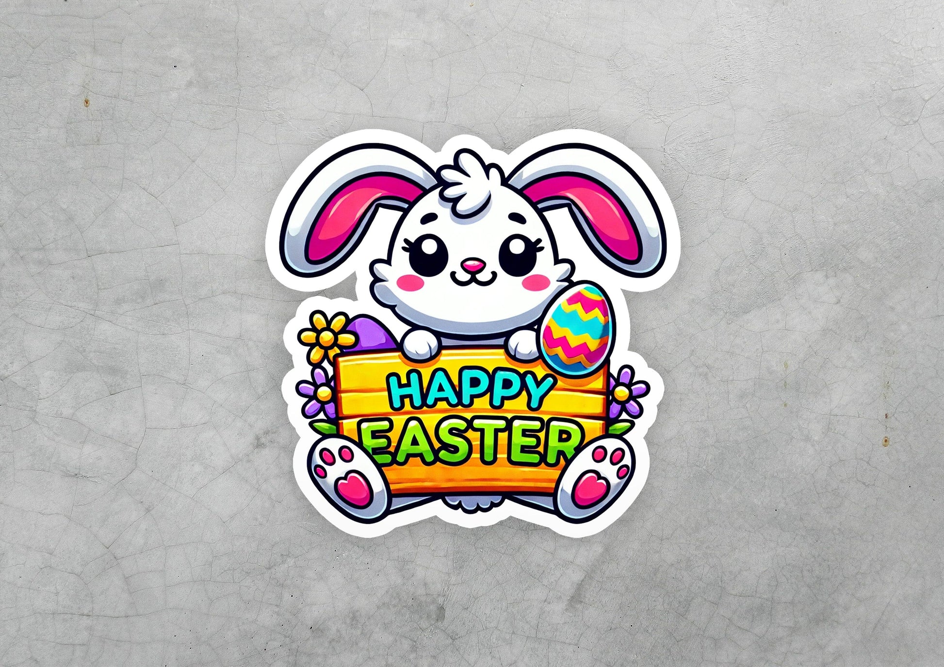 a sticker of a bunny holding a sign that says happy easter