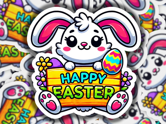 a sticker of a bunny holding a sign that says happy easter